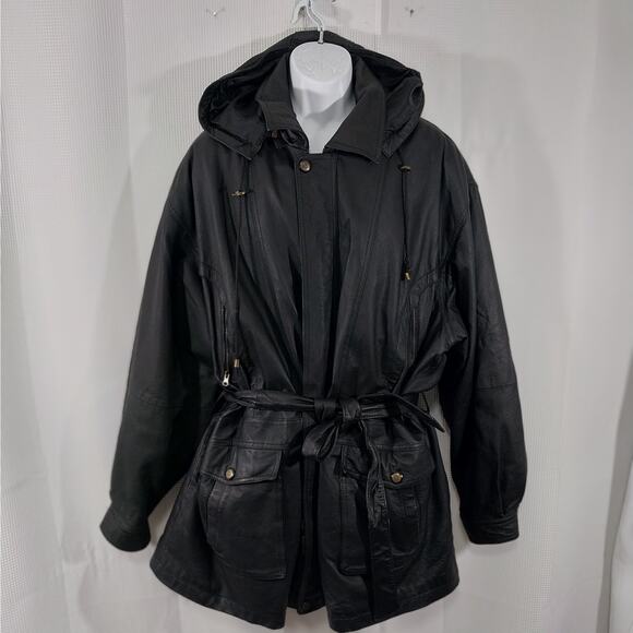 PRESTIGE LEATHER! BLACK GENUINE LEATHER BELTED WAIST HOODIE COAT, JACKET! SZ 2XL - Picture 2 of 15